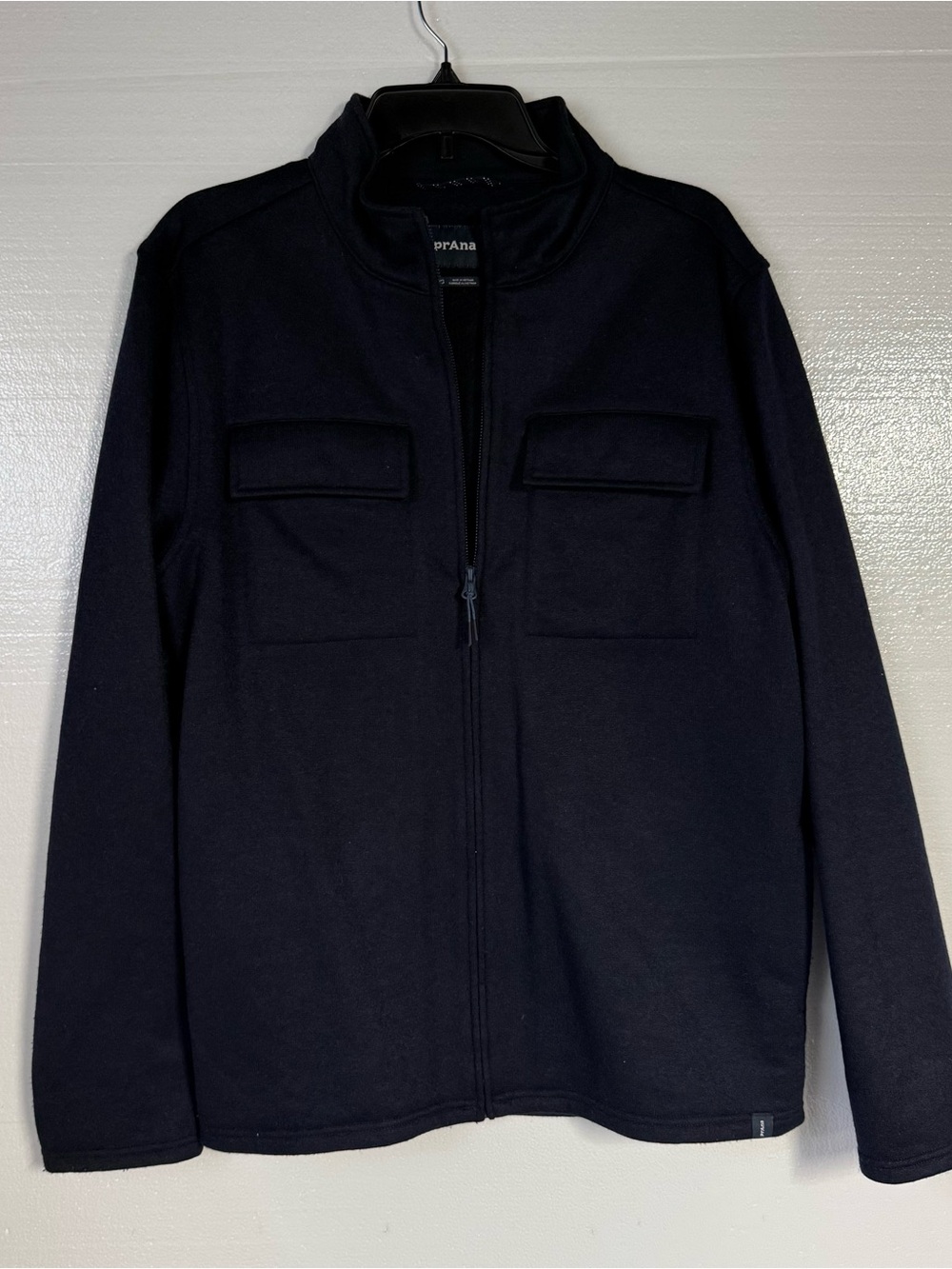 prAna Men Large Blue Wool Blend Full Zip Jacket Recycled Wool Outdoor Muck Neck